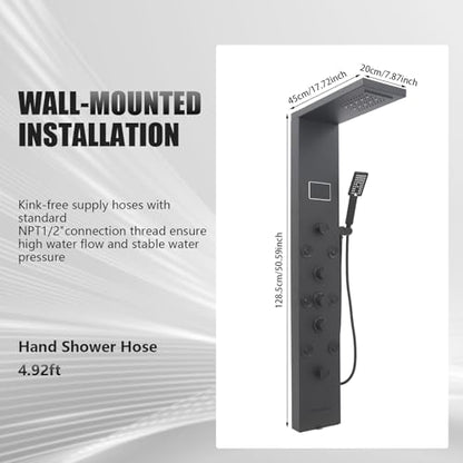 6-in-1 LED Shower Panel Tower System with 8 Adjustable Body Jets, Rainfall & Waterfall Shower, Smart Temperature Display, 59" Hose, Brushed Gold Stainless Steel, Wall Mounted (Black) - color: Black