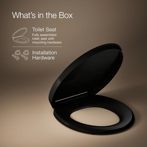 KOHLER K-26802-7 Impro ReadyLatch Quiet Close Round Toilet Seat, Soft Close Seat, Compatible with Round Toilets, Grip-Tight Bumpers, New Home Essentials, Slam Prevention, Black - color: Black/Black, size: Round