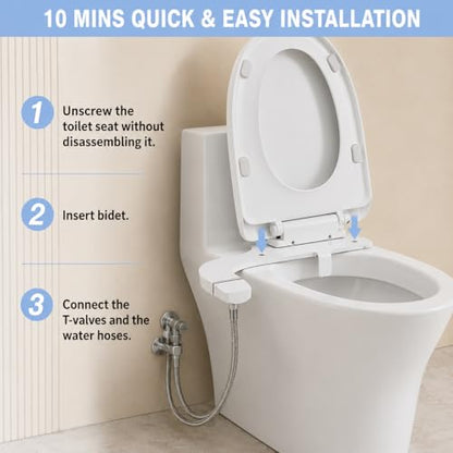 Ultra-Slim Bidet Attachment for Toilet, Non-Electric Dual Nozzle Bidet Toilet Seat Attachment with Frontal & Rear Wash, Self-Cleaning Retractable Nozzles, Adjustable Water Pressure, White