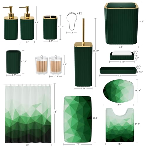 XLHOMO Bathroom Accessory Set - 26PC Bathroom Shower Curtain and Rug Set, Bathroom Accessories Set, Green Bathroom Set with Trash Can, Toilet Brush, Qtip Holder & Soap Dispenser - style: Dark Green