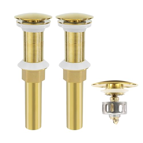 Bathroom Sink Drain, 2 Pack Gold Drain Stopper Without Overflow,Pop Up Drain Assembly Without Detachable Strainer Basket,Built-in Anti-Clogging Strainer,Stainless Steel - color: 2 Pack-gold-big Cap, style: Without Overflow