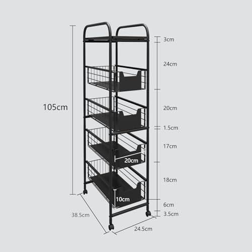 WHIFEA 5 Tier Slim Rolling Cart with Pull-Out Drawers, Multi-Layer Narrow Storage Shelf Organizer on Wheels, Metal Wire Baskets for Fruit, Dishes, Freestanding Unit for Kitchen, Bathroom, Home Office
