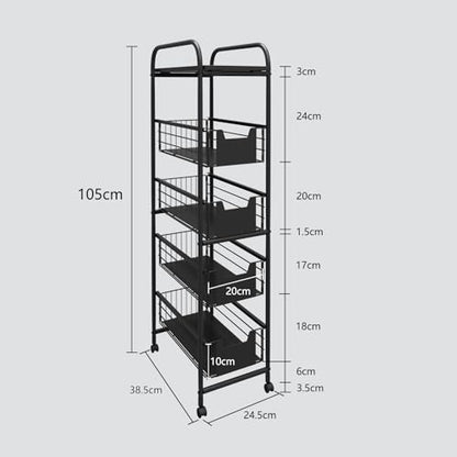 WHIFEA 5 Tier Slim Rolling Cart with Pull-Out Drawers, Multi-Layer Narrow Storage Shelf Organizer on Wheels, Metal Wire Baskets for Fruit, Dishes, Freestanding Unit for Kitchen, Bathroom, Home Office