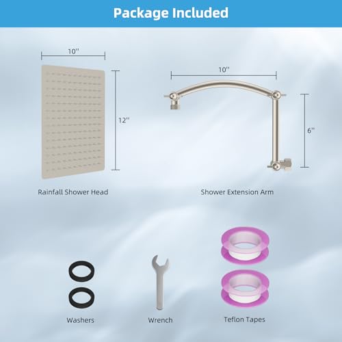 Hibbent All Metal 12'' Rain Shower Head, 16'' Extension Arm, Brushed Nickel | cUPC Certified High Pressure Rainfall Showerhead with Solid Brass Adjustable Shower Head Extension Arm, Fixed Showerheads - color: Brushed Nickel, style: Square 12''