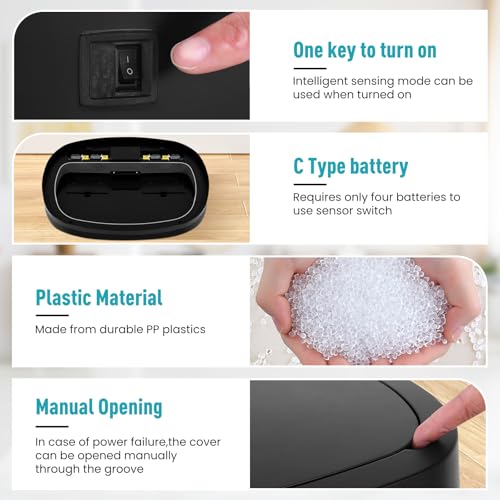 13 Gallon Automatic Kitchen Trash Can with Lid, Touchless Motion Sensor Garbage Can - Hygienic, Odor Control, Waterproof Waste Bin for Kitchen Bathroom Bedroom Office (50L), PP Plastic, Black - color: Black