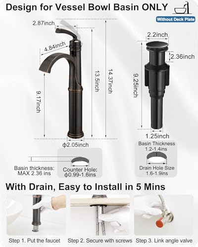 Waterfall Vessel Sink Faucet Oil Rubbed Bronze, Brass Tall Bathroom Faucet with Pop-up Drain, cUPC Supply Hoses, Single Handle for Vanity, Farmhouse, 1 Hole Vessel Sink, 5 Mins Quick Install - color: Oil Rubbed Bronze