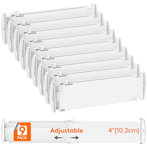 Lifewit 9 Pack 4" High Drawer Dividers, Adjustable Drawer Organizer Clothes | 13.8"-22.2" Expandable White Plastic Separators for Dresser, Kitchen, Cabinet, Nursery, Office, Socks & Underwear Storage - size: 4"H, 13.8-22.2"L