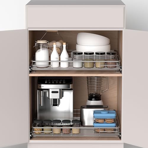 Pull Out Cabinet Organizer 24" W x 21" D, Chrome-Plated Steel | Slide Out Kitchen Shelves, Heavy-Gauge Wire Storage Drawer, Ball-Bearing Glides, 100 Lb Capacity, Min 25" Cabinet Opening - size: 24" W x 21" D