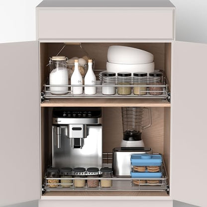 Pull Out Cabinet Organizer 24" W x 21" D, Chrome-Plated Steel | Slide Out Kitchen Shelves, Heavy-Gauge Wire Storage Drawer, Ball-Bearing Glides, 100 Lb Capacity, Min 25" Cabinet Opening - size: 24" W x 21" D