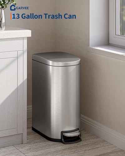 Garvee 13 gal / 50 L Stainless Steel Kitchen Trash Can with Lid, Slim Rustproof Garbage Can, Large Step-on Metal Trash Bin with Inner Bucket, Rear Handle, Soft Close Lid, Silver - color: Silver, size: 13.2 Gallons