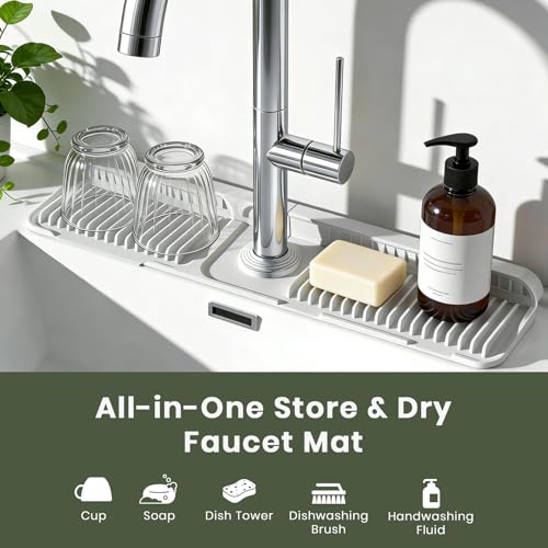 24 Inch Faucet Mat for Kitchen Sink, Silicone Splash Guard for Kitchen Sink Area, 7° Slope Fast Self-Draining Sink Mat, Cuttable Hole Design, Sink Backsplash Guard Draining Mat, Grey - color: Gray