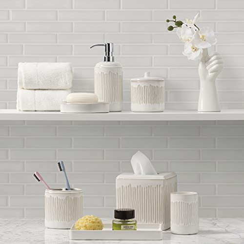 Bathroom Accessories Set, 5-Piece Ceramic Bath Accessory Complete Set with Lotion Dispenser/Soap Pump, Cotton Jar, Soap Dish, Tumbler and Toothbrush Holder (Ivory White)
