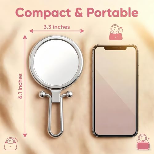 Magnifying Handheld Mirror Double Sided, Travel Makeup Hand Mirrors with 1X 2X Magnification, Small Hand/Desk Vanity Mirror (1Pc Silver) - color: 1pc Silver