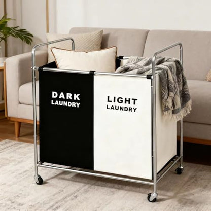 Double Compartment Rolling Laundry Sorter Cart with Wheels, Dark and Light Separation Hamper, Chrome Frame, Mobile Clothes Storage Organizer(Black+white, 2 Sections)