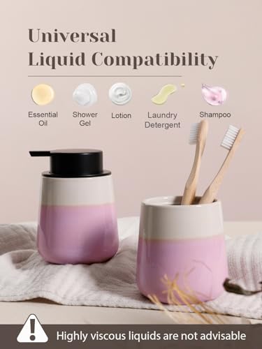 INGOFIN Ceramic Hand Soap Dispenser - 12 oz Liquid Lotion Dispenser Bathroom, Refillable Modern Dish Soap Dispenser with Pump for Kitchen, Beige and Pink - color: Beige and Pink