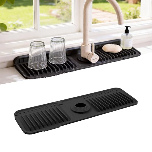 ZJWZLG Faucet Mat for Kitchen Sink, 17.7"X5.5" Silicone Sink Splash Guard , Snap-On Design & 7°slope Fast Drain, Folding Sink Faucet Mat for Universal Kitchen Bathroom Sink(Black) - color: Black, size: 17.7" x 5.5"