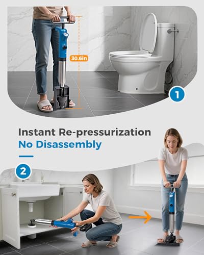 BOTEMY High Pressure Toilet Plunger & Drain Auger with Real-Time Gauge, Heavy-Duty Air Unclogger for Toilets, Sinks & Drains
