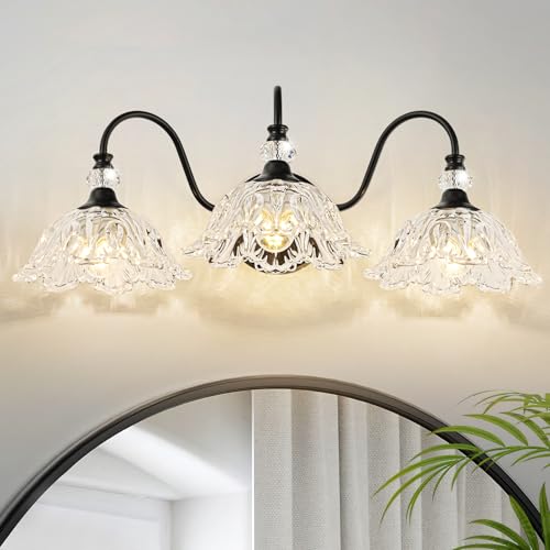 Black Bathroom Vanity Light,3-Light Vanity Light with Crystal Glass Shades,Vintage Farmhouse Vanity Lighting for Bathroom and Dressing Table - color: Black, size: 3-Light