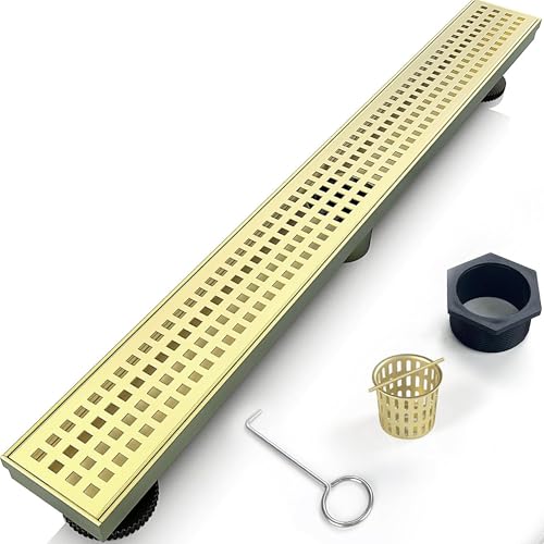 32 Inch Linear Shower Drain Bathroom Kitchen Golden Floor Drain Removable Capsule Pattern Cover Accessories Shower Drain 304 Stainless Steel Drain with Hair Strainer Adjustable Leveling Feet - color: Golden, size: 32 Inch
