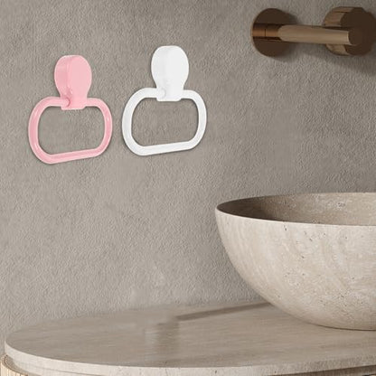 2pcs Self-Adhesive Plastic Towel Rings Bathroom Kitchen Hand Towel Holder Wall-Mounted No-Drill Bathroom Hand Hanger