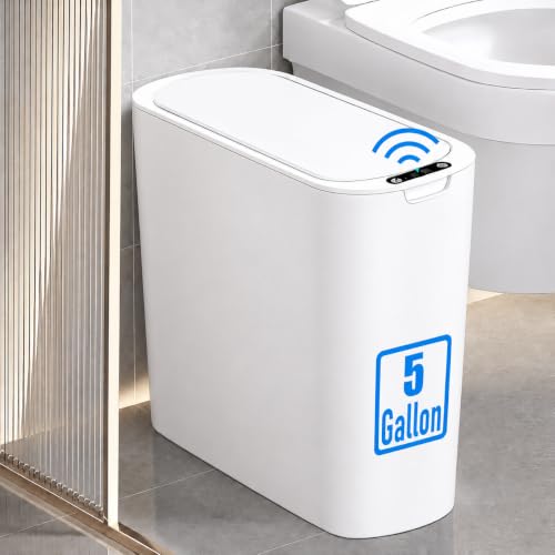 TIPGO 5 Gallon Motion Sensor Bathroom Trash Can with Lid, Automatic Garbage Can Touchless, Smart Plastic Waste Basket for Narrow Spaces, Bathroom, Office, Bedroom, Living Room (White) - color: White
