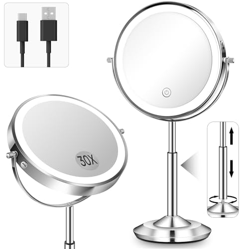 1X/30X 8" Magnifying Makeup Mirror with Lights Height Adjustable for Desk | 3000mAh Rechargeable Lighted Magnifying Mirror Double Sided Vanity Mirrors with 3 LED Lighting Touch Dimmable for Women Gift