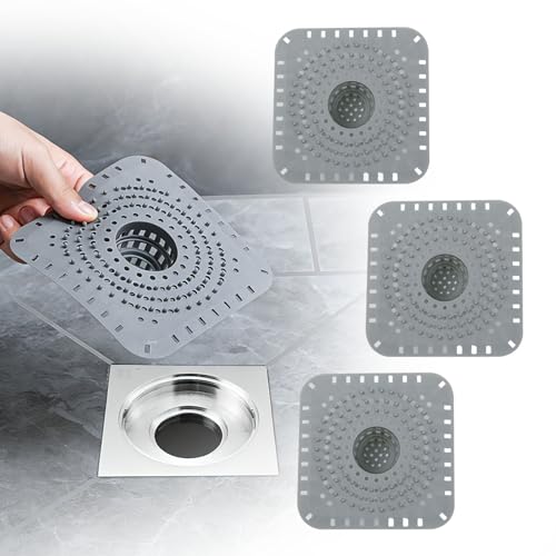 Silicone Bathtub Drain Hair Catcher – 3PCS Shower Drain Protector for 1.48" to 1.76" Regular Drains – Easy-to-Clean and Reusable Square - color: Square-grey