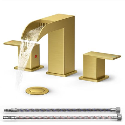 QFN Waterfall Bathroom Faucet 3 Hole 8" Widespread Brushed Gold 2 Handle | Bathroom Sink Faucet Lead-Free with Pop-up Drain and Supply Lines, Fits 4-12 Inch 3 Hole Install, for Vanity Laundry Restroom - color: Brushed Gold, style: Waterfall