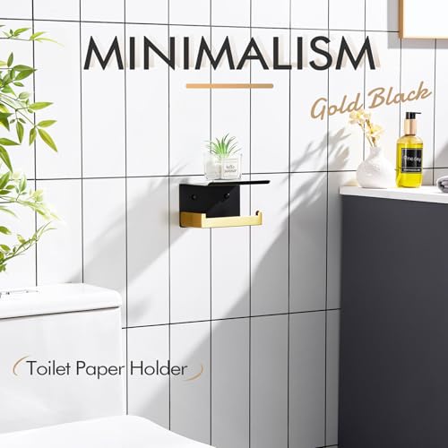 KOKOSIRI Toilet Paper Holders with Shelf Bathroom Toilet Paper Roll Holder Wall Mounted T-304 Stainless Steel, Matte Black and Gold B2010GDK - color: Black Gold, size: With Shelf(1 Pack)