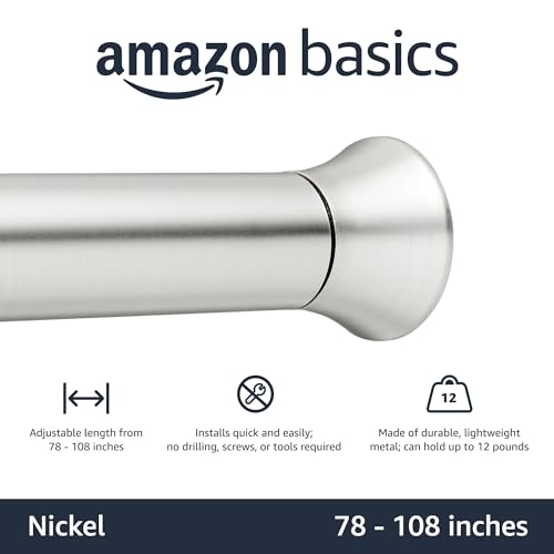 Amazon Basics No Drill Spring Tension Curtain Rod, Adjustable Extra Long 78-108" Width, Nickel, Classic Finial - color: Nickel, size: 78-108"