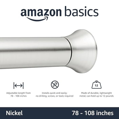 Amazon Basics No Drill Spring Tension Curtain Rod, Adjustable Extra Long 78-108" Width, Nickel, Classic Finial - color: Nickel, size: 78-108"