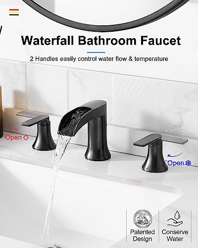 Oil Rubbed Bronze Widespread Waterfall Bathroom Sink Faucet 3 Hole, 4-8 Inch Brass Farmhouse Bathroom Faucets with Pop-up Drain and Supply Lines, 2 Handle for Vanity, Lavatory, Restroom - color: Oil Rubbed Bronze, style: WITH Pop Up Drain