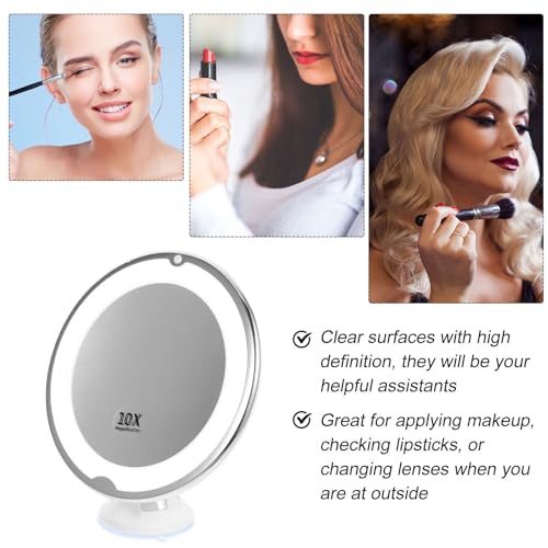 INOOMP 10x Lighted Rotating Makeup Mirror with Suction Cup, 360-degree LED Magnifying Cosmetic Mirror for Home Vanity and Travel Use