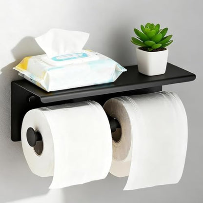 Toilet Paper Holder, NEWRAIN Double Bathroom Toilet Paper Roll Holder with Shelf, Stainless Steel Wall Mounted RV Tissue Roll Holder, Matte Black Commercial Farmhouse Toilet Paper Dispenser - color: Matte Black, style: Double
