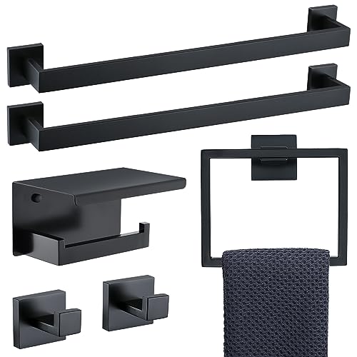 6-Piece Black Bathroom Hardware Set 23.6 Inch Towel Bar Set Double Towel Bar Towel Ring Coat Hook and Toilet Paper Holder with Shelf Wall Mounted Stainless Steel Bathroom Accessories Set - color: 6-piece Black