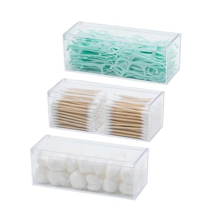 3 Pack Qtip Organizer Container with Lid, Clear, Plastic | Bathroom Vanity Storage Canister, For Cotton Swabs and Balls, Makeup Sponges, Floss Picks, For Countertop, Desk Drawer