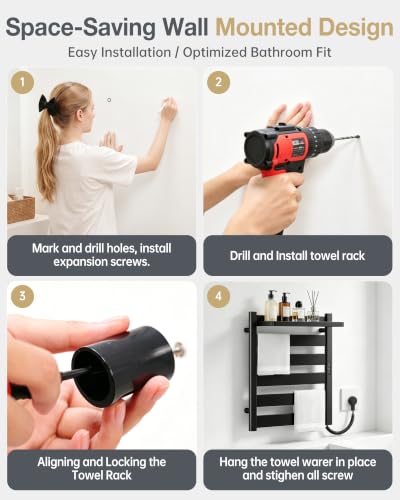 6-Bar Wall Mounted Heated Towel Rack, 170°F Heating Black | Bathroom Towel Warmer with Top Shelf, Memory Function, Adjustable 110–170°F Temperature, 2–12H Timer, Space Saving Design - color: Black, size: ZW 6-Bars
