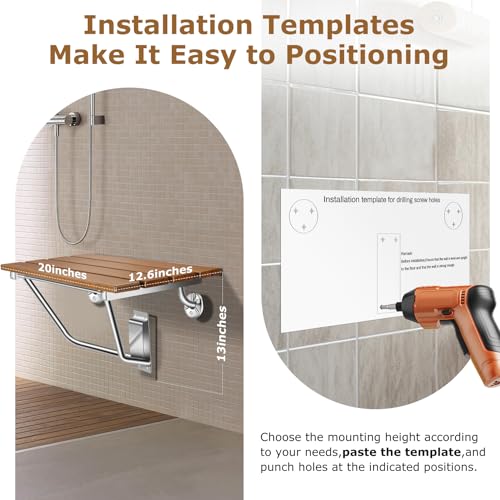 20" Wall Mounted Folding Shower Seat Stainless Steel Frame Space Saving | Teak Foldable Shower Chair for Elderly, Pregnant, Disabled, Kids (Max 500lb) - size: 20 inches Teak shower bench