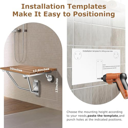 20" Wall Mounted Folding Shower Seat Stainless Steel Frame Space Saving | Teak Foldable Shower Chair for Elderly, Pregnant, Disabled, Kids (Max 500lb) - size: 20 inches Teak shower bench