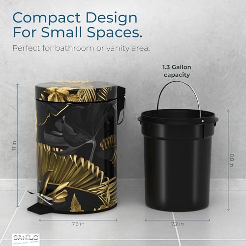 Sanilo Small Bathroom Trash Can with Lid [1.3 Gallon] - Lidded Tiny Trashcan for Garbage - Mini Metal Bin with Soft Closing Mechanism - Bath Room Accessoire Wastebin with Inner Bucket (Golden Leaves) - color: Golden Leaves
