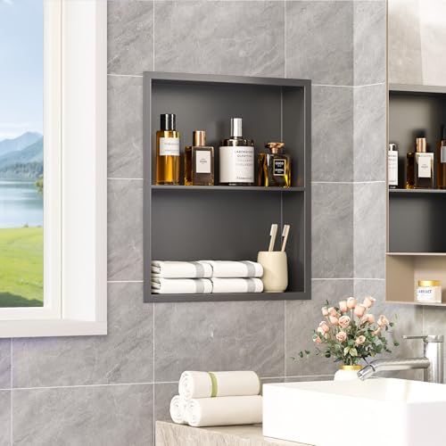 14x18 Recessed Medicine Cabinet, Bathroom Wall Cabinet, 304 Stainless Steel Recessed Wall Niche with 2-Tiers Shelves, Matte Gray - color: Matte Gray, size: 14'' x 18''