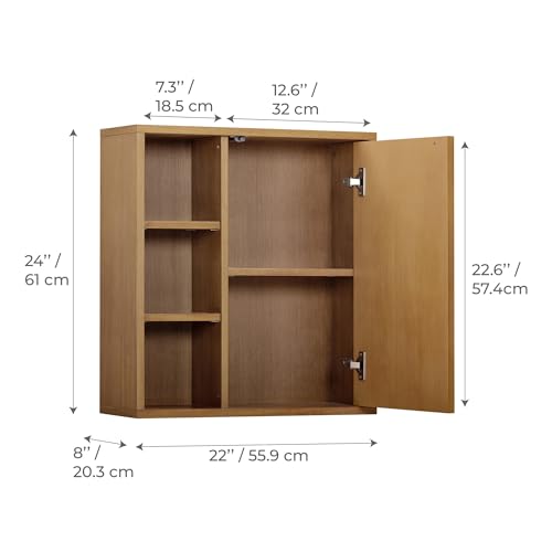 Teamson Home 22″ Wide Bathroom Wall Cabinet with Open Compartments & 1 Door with Fixed Interior Shelf, Wall Mounted Medicine Cabinet with Wooden Bracket for Mounting, Fluted Finish in Natural Tone | Open Compartments, 1 Door with Fixed Interior Shelf, Woo