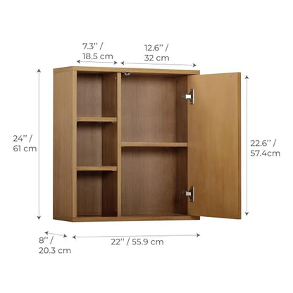 Teamson Home 22″ Wide Bathroom Wall Cabinet with Open Compartments & 1 Door with Fixed Interior Shelf, Wall Mounted Medicine Cabinet with Wooden Bracket for Mounting, Fluted Finish in Natural Tone | Open Compartments, 1 Door with Fixed Interior Shelf, Woo