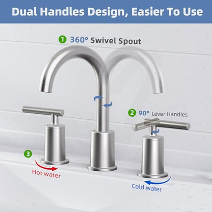 VXV Brushed Nickel Bathroom Faucet 3 Hole Widespread with Easy Installation, 2-Handle 8 Inch Bathroom Sink Faucet 360° Swivel Spout, Pre-Attached Hoses & Drain Included, Vanity Faucet for Bath Sink - color: Sleek Brushed Nickel