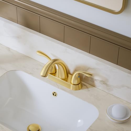 Brushed Gold 4 Inch Centerset 2 or 3 Holes 2 Handle Bathroom Faucet, Bathroom Faucet with Copper Pop Up Drain and Water Supply Lines, BF008-5-BG - color: Brushed Gold, style: 1 Pack