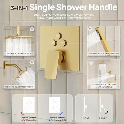 Gold Shower Faucet Set, Brushed Gold Shower System, 10'' Ceiling Shower Head and 6'' Wall Mounted ShowerHead, Dual Gold Shower Head with Handheld Combo, 3 In 1 Push Button Shower Diverter Valve - color: Brushed Gold
