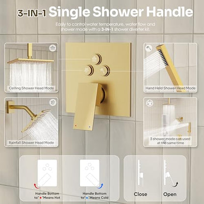 Gold Shower Faucet Set, Brushed Gold Shower System, 10'' Ceiling Shower Head and 6'' Wall Mounted ShowerHead, Dual Gold Shower Head with Handheld Combo, 3 In 1 Push Button Shower Diverter Valve - color: Brushed Gold