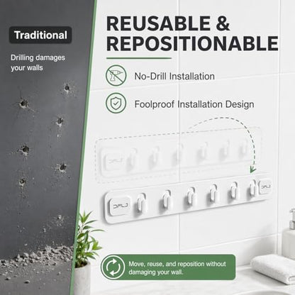White Long Strip with 6 Hooks Suction Cup Hooks No Drill Damage Free Removable Shower Wall Hooks for Bathrooms Towel Loofah Bath Brush Clothes and Over Door Storage