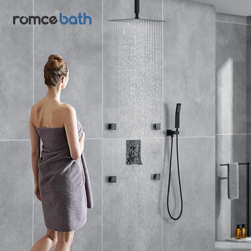 Rain Shower System With Complete 4 Pcs Body Sprays Jets And Pressured Balance Rough-in Valve,12Inch Rainfall Shower Head And Handheld, Modern Matte Black Ceiling Mount Shower Faucets Sets - color: Matte Black, style: Ceiling-Mount 4 Jets