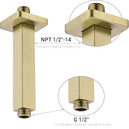 Gold Shower Arm with Flange, 4 Inch Square Extension Arm for Rainfall Shower Head, NPT 1/2 to G 1/2 Inch, Ceiling Mount, Brushed Gold - color: Brushed Gold, style: 4-Inch